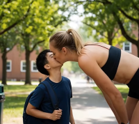 gentle collage blonde long_hair clothed asian ponytail mini_giantess kissing bending_over sports_bra backpack ai_art running_shorts elevated_humor