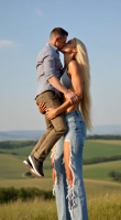 gentle blonde long_hair clothed handheld jeans mini_giantess kissing field ripped_clothing embrace ai_art elevated_humor lift_and_carry