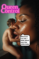 breasts nude brunette sweat lips open_mouth english 1girl 1boy kissing shrunken_man sucking dark_skin queencontrol ai_art