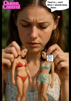 sleeping handheld dialogue queencontrol bikini breasts long_hair swimsuit bra brunette underwear lips navel shorts english closed_eyes denim realistic ai_art shrunken_woman