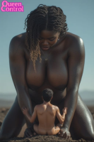 dark_skin tinyman queencontrol breasts giantess nude black_hair large_breasts sitting shrunken_man looking_down ai_art 1girl 1boy very_dark_skin girl_on_top