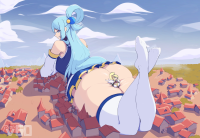 breasts drawing giantess blonde long_hair butt blue_eyes skirt high_heels blue_hair boots day shrunken_woman cloud outdoors sky thigh_highs long_legs looking_at_viewer bare_shoulders no_panties on_stomach blue_shirt detached_sleeves thigh_boots aqua_(konosuba) blue_footwear hair_rings blue_legwear