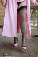 giantess panties high_heels underwear dress legs shrunken_man standing thighs red_nails chase thigh_highs fingernails black_panties lower_body black_legwear wooden_floor garter_straps 1girl