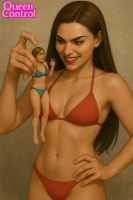 handheld cruel ff queencontrol bikini breasts giantess black_hair long_hair swimsuit barefoot cleavage brunette smiling lips navel hand grin shrunken_woman standing nose dangle tan multiple_girls ai_art red_bikini medium_breasts 2girls