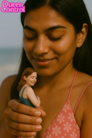 giantess long_hair brunette smiling lips shrunken_woman nose dark_skin closed_eyes top ai_art 1girl 2girls 1boy handheld love cute lesbians queencontrol