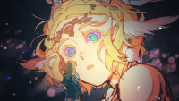giantess drawing blonde blue_eyes crying short_hair collar night sky tears bare_shoulders bangs glowing rin_kagamine hair_ornament hairclip parted_lips solo 1girl upper_body star_(sky) crying_with_eyes_open aqua_eyes pu_hegg
