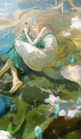 drawing mega blonde long_hair barefoot water dress lying_down bird jewelry closed_eyes white_dress profile bracelet bare_shoulders pointed_ears from_side very_long_hair 1girl on_side shuyu08382645 giantess