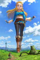 breasts blonde long_hair blue_eyes gloves boots day running shrunken_man grass open_mouth mountains cloud standing pants outdoors sky black_gloves black_pants shirt braid looking_at_viewer bangs blue_shirt pointed_ears hair_ornament tight_pants hairclip link_(the_legend_of_zelda) princess_zelda_(the_legend_of_zelda) 1girl 1boy full_body parted_bangs cloudy_sky forehead crown_braid giantess the_legend_of_zelda