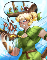breasts drawing blonde blue_eyes cleavage brunette smiling grin day tinkerbell shrunken_woman shrunken_man overalls sky jewelry earrings facial_hair peter_pan captain_hook super_crown link_(the_legend_of_zelda) multiple_girls multiple_boys altairasart giantess