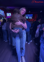 giantess phantom gentle collage blonde clothed jeans shrunken_man holding bar looking_at_viewer leather_jacket embrace dance_floor
