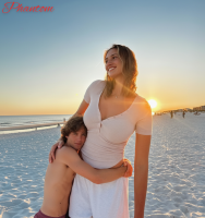 gentle collage blonde long_hair clothed beach cleavage dress mini_giantess shorts hugging standing size_comparison sunset shirt trunks giantess shrunken_man phantom