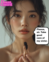 nude black_hair butt handheld brown_eyes dialogue looking_at_tiny ai_art asian queencontrol