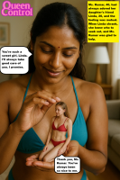 breasts panties cleavage bra shrunken_woman dark_skin indoors earrings indian looking_at_tiny bare_legs bare_midriff story milf dialogue queencontrol ai_art