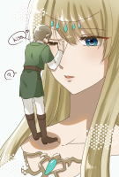 breasts drawing giantess blonde color long_hair blue_eyes brunette elf boots shrunken_man earrings belt no_background looking_at_tiny pointed_ears the_legend_of_zelda on_breasts link_(the_legend_of_zelda) princess_zelda_(the_legend_of_zelda) koino30