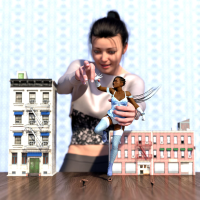 breasts panties black_hair handheld cleavage high_heels buildings angry gloves ponytail boots foot_crush shrunken_woman shrunken_man doll dark_skin thighs doll_house fist corset crowds running_away imminent_crush bare_legs loca-lyn digital_render giantess multiple_sizes