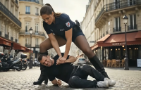 breasts high-heels long_hair clothed brunette street police mini_giantess boots uniform bending_over ai_art arrest