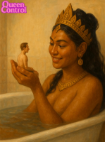 breasts black_hair long_hair cleavage water crown shrunken_man dark_skin necklace earrings looking_at_tiny ai_art handheld bath queencontrol polynesian