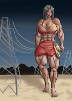 breasts drawing giantess mega black_hair color barefoot cleavage bra skirt green_eyes muscles abs mountains dark_skin night power_lines attack_of_the_50_foot_woman bare_legs makeshift_clothing bare_midriff bastet abemusnaculo