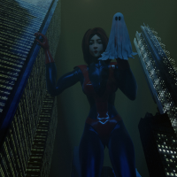 breasts giantess city mega buildings gloves red_hair halloween ghost night thighs costume giant_girl looking_at_viewer new_york_city bending_down digital_render mary_jane marvel_comics ci0 spider-man