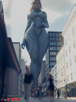 breasts giantess city mega blonde large_breasts blue_eyes thighs costume fantastic_four belt crowds hands_on_hips running_away looking_at_tiny digital_render invisible_woman marvel_comics susan_storm jessicagts marvel_rivals