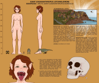 giantess breasts nipples nude butt teeth barefoot green_eyes brunette elf short_hair navel english looking_at_viewer pointed_ears medium_breasts 1girl character_name damianlix bella_souto character_profile character_sheet