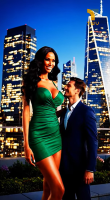 tallest_woman_vibes gentle black_hair long_hair clothed buildings skyline amazon standing size_comparison mini_skirt evening ai_art