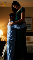 gentle long_hair bed pajamas brunette dress amazon hugging standing hotel ai_art tallest_woman_vibes
