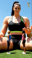 tallest_woman_vibes gentle giantess black_hair long_hair clothed cleavage sitting legs shorts women standing sports_bra track ai_art