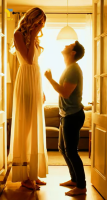 gentle clothed barefoot dress amazon standing size_comparison sunrise sunlight looking_at_tiny ai_art tallest_woman_vibes