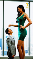 tallest_woman_vibes gentle black_hair long_hair buildings asian mini_giantess office suit standing size_comparison sunlight sundress looking_at_tiny minidress ai_art