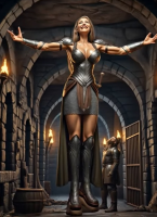 gentle blonde long_hair armor clothed sword fantasy mini_giantess warrior standing size_comparison dungeon adventurers torches chainmail ai_art tallest_woman_vibes