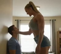 giantess gentle blonde long_hair clothed ponytail muscles amazon shorts standing top apartment looking_at_tiny ai_art