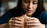 gentle long_hair handheld brunette massage shrunken_man close_up naked_man ai_art day holding indoors veo