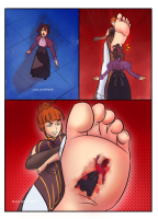 giantess feet toes barefoot blood purple_eyes foot_crush umineko_no_naku_koro_ni ushiromiya_natsuhi ushiromiya_eva point_of_view looking_at_viewer orange_hair looking_at_tiny sister-in-law shrunken_woman cleawhispers drawing comic color milf