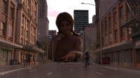 giantess city brunette crushing_car digital_render taintedwizard buildings shrunken_woman shrunken_man skyscraper holding railing outdoors rooftop scenery 1girl