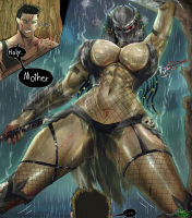 drawing color breasts giantess mega alien comic black_hair large_breasts armor cleavage bra wet red_eyes blood jungle rain fishnets mask thighs towering tattoo dreadlocks dialogue spear dutch scar skull looking_at_tiny loincloth bare_legs bare_midriff yautja mumomoxart the_predator
