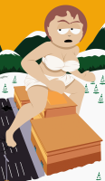 breasts drawing giantess mega color large_breasts destruction barefoot cleavage bra skirt brunette short_hair parody mountains snow forest thighs mall straddling milf cracked_pavement attack_of_the_50_foot_woman south_park bare_legs bare_midriff chadrocco sharon_marsh