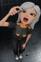 breasts giantess white_hair vore mega black_hair blue_eyes handheld shoes ginormica short_hair open_mouth vehicles monsters_vs_aliens truck belt jumpsuit imminent_vore pinched looking_at_tiny digital_render susan_murphy dreamworks dwighteisenhower