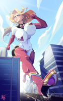 breasts drawing giantess city mega blonde color long_hair destruction blue_eyes high_heels buildings huge_breasts goddess superhero gloves street foot_crush bus running thighs shoe_crush costume crowds running_away sign cracked_pavement fists zerohour99 rachael