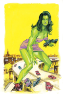 breasts drawing giantess city mega color long_hair destruction handheld cleavage bra skirt buildings green_hair muscles parody vehicles truck straddling she_hulk attack_of_the_50_foot_woman green_skin she-hulk bare_legs marvel_comics bare_midriff kagan_mcleod source_needed