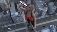 giantess vore city jogger digital_render taintedwizard crushedcars breasts mega blonde large_breasts cleavage ponytail bus standing holding pants top sports_bra scrunchie 1girl tainted_wizard