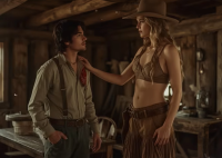 gentle blonde long_hair clothed bra skirt cowgirl amazon standing size_comparison cabin western bare_midriff ai_art
