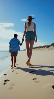 gentle butt clothed beach barefoot mini_giantess legs shorts walking hat sunny holding_hands ai_art