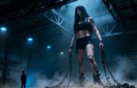 beyond_the_observable gentle giantess black_hair long_hair clothed barefoot asian shorts standing dirty captured size_comparison chains top hangar bare_midriff ai_art