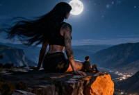 gentle giantess black_hair long_hair butt clothed moon sitting shorts dirty night top stars cliff valley city_lights ai_art beyond_the_observable