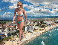 giantess crush city blonde swimsuit beach barefoot buildings helicopter walking sand crlvr crowds