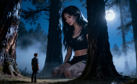 beyond_the_observable gentle giantess black_hair long_hair clothed barefoot moon kneeling shorts looking_down dirty size_comparison night trees top stars ai_art