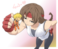 giantess yuri_sakazaki kiing_of_fighters breasts long_hair brunette brown_eyes smiling lips gloves bending_over shrunken_man braid spandex headband sleeveless super_deformed single_braid 1girl 1boy dougi hetero