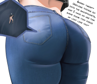 drawing giantess butt jeans thick_thighs bully back_pocket anybody in_back_pocket pocket_entrapment shrunken_man anybrody color climbing dialogue no_background bare_midriff