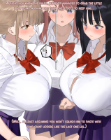 breasts blushing black_hair color blue_eyes skirt green_eyes purple_eyes sweat red_hair shirt dialogue looking_at_tiny bare_legs cutaway bruntte drawing huge_breasts breast_crush story bondage uniform giantesses captured anybrody anybody